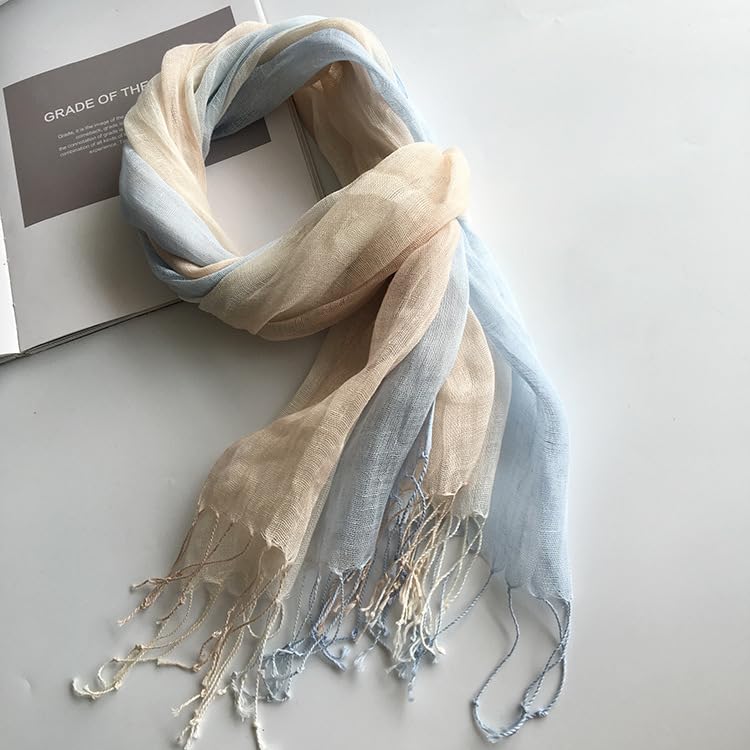 Dolly Para Linen Summer Linen Natural Gradient Blue and Women's Scarf, Stole, Coolness, Color-Changing (Light Beige)