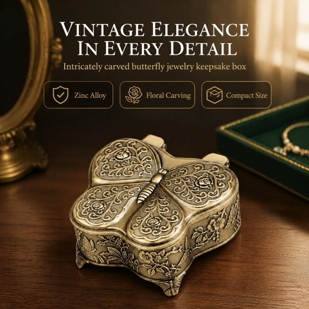 Alloy Material Vintage Jewelry Box Footed Base Stemmed Treasure Storage Case Home Decor