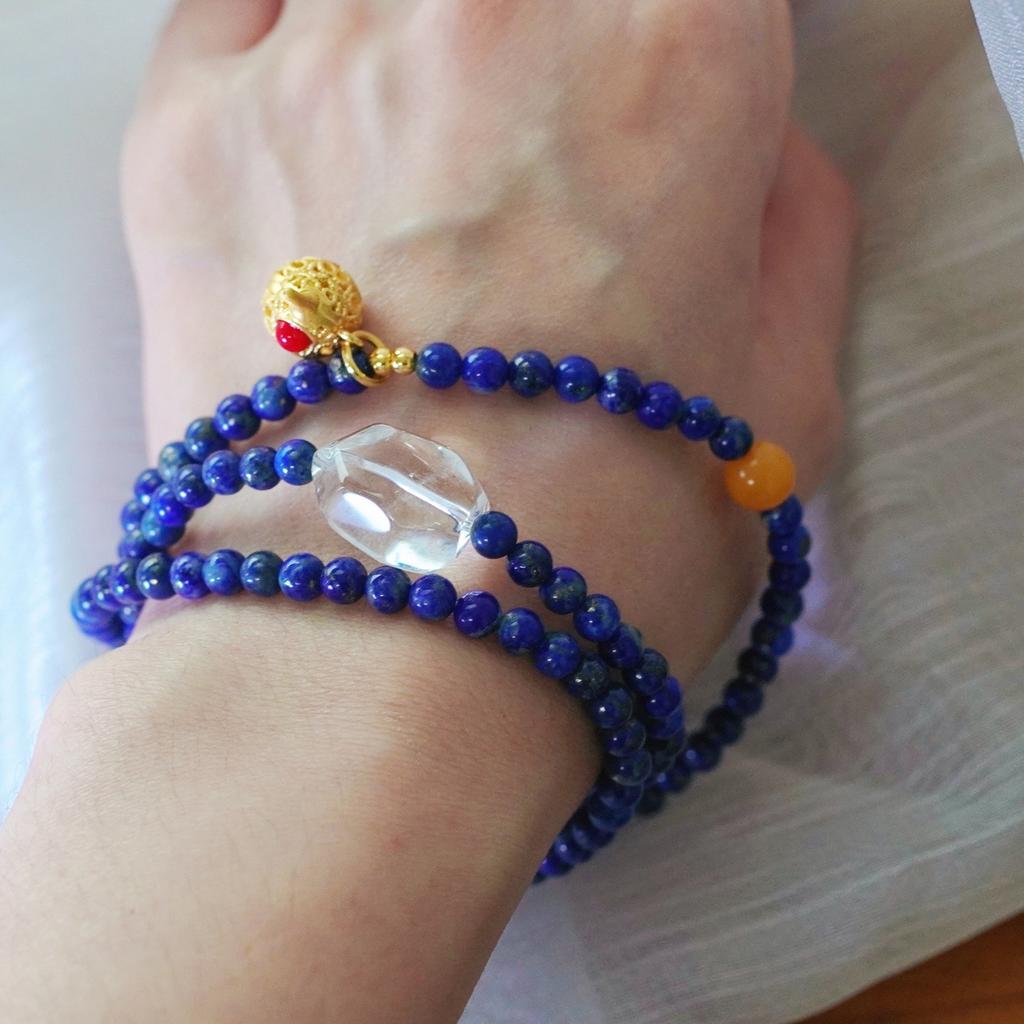 Vintage High-End Natural Lapis Lazuli Old Beeswax White Crystal Multi-Circle Bracelet Bracelet.