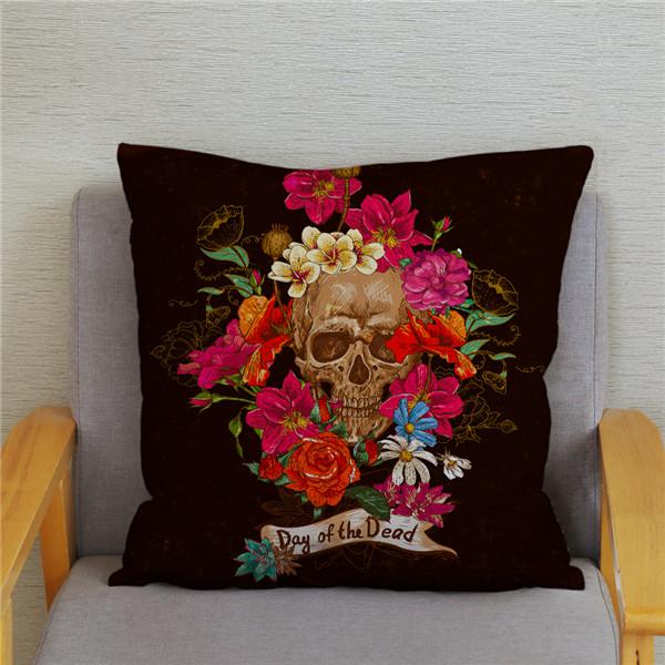 Skeleton Head Flower Print Pattern Cushion Cover for Home Living Room Sofa Decoration Square Pillowcase 45 * 45cm
