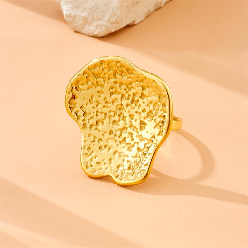 DIEYURO 316L Stainless Steel Golden Irregular Hammer Pattern Adjustable Ring Womens Fashion New Finger Ring Jewelry Gift Party
