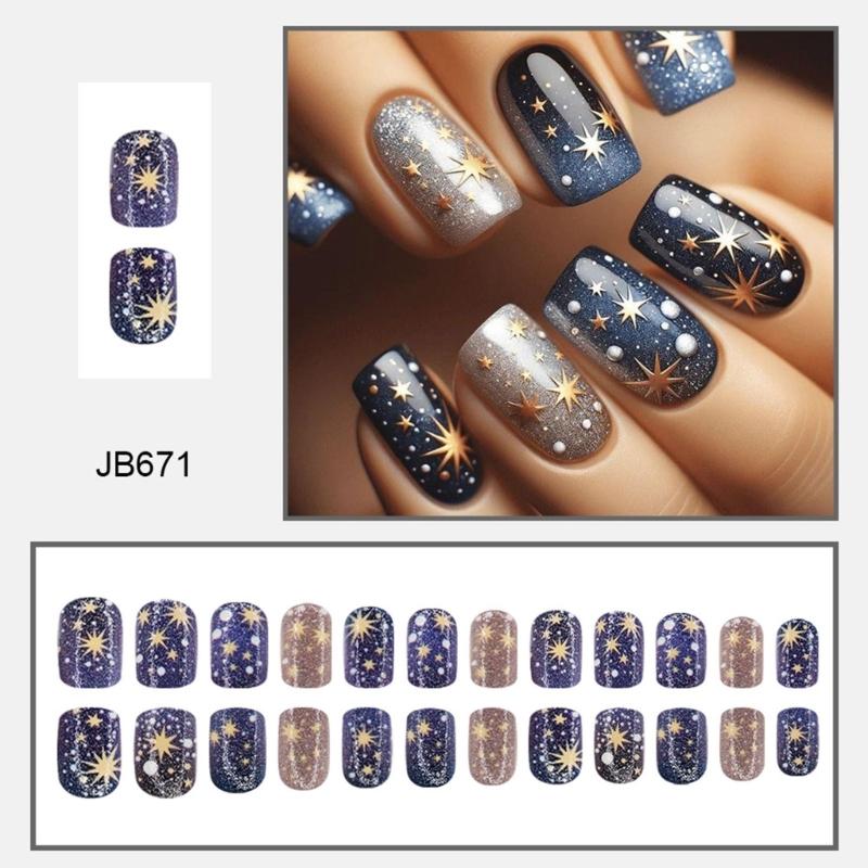 24 Pcs Astral Stick on Nail Colorful Artificial Nail Short Square False Nail Glossy Press On Nail for Woman Girls