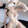 5Pcs/Set Women Sexy Leopard Print Underwear Set Cartoon Ear Hat Sling Bra Lace-up Thong Oversleeve Elastic Thigh Gaiter Set Role Playing Cosplay Game