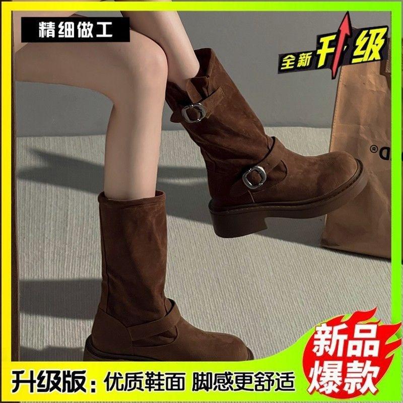 Thick-soled Martin Boots Women's 2025 Autumn New Retro Mid-tube Western Stacking Boots Belt Buckle Metal Locomotive Short Boots