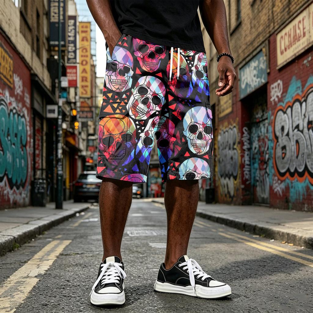 Pantaloncini casual da uomo con coulisse, colorati, al ginocchio, con tasche multiple