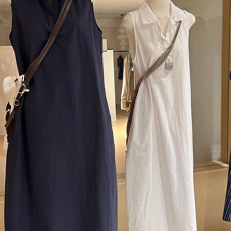 Simple and generous polo collar sleeveless dress women s summer daily loose temperament vest skirt loose white long dress S