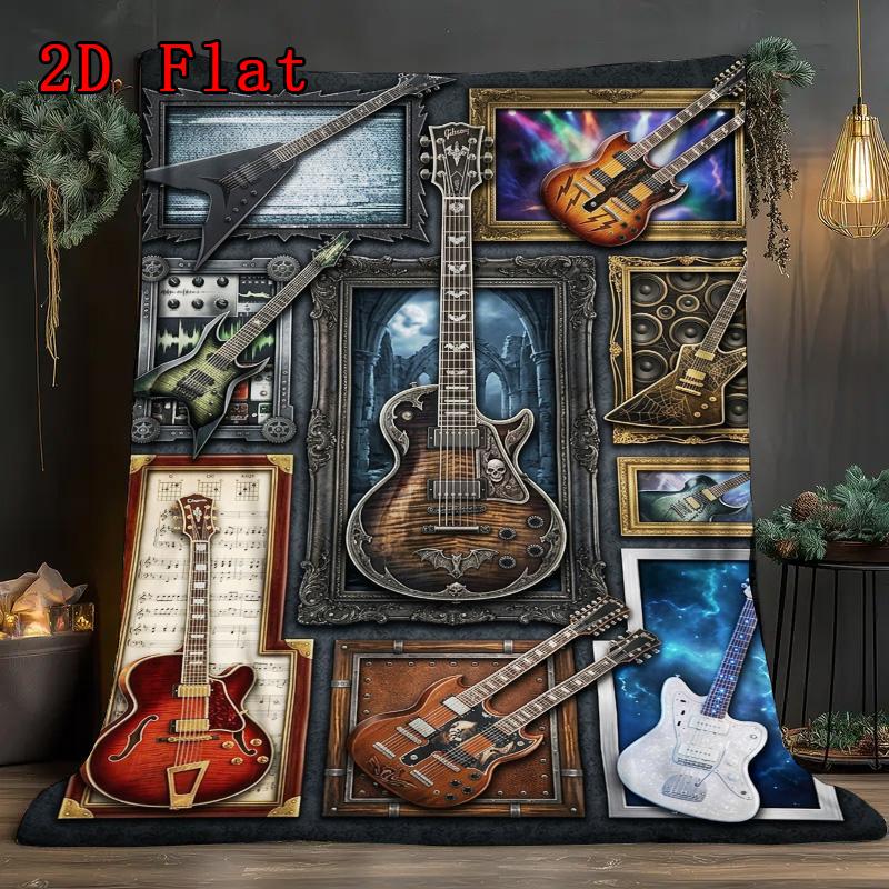 Guitar Art Collage 2D Flat Pattern Flannel Blanket, High Quality All Seasons, Home Decor, Warmth and Comfort, Perfect for Christmas Gifts.