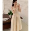 Korean chic summer French niche V-neck lace-up suspender dress women's waist thin beach skirt long skirt