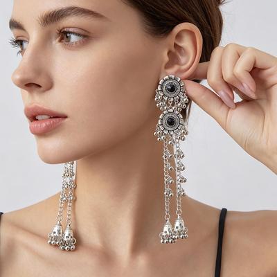 Exotic Indian Style Long Tassel Flower Bell Earrings for Women