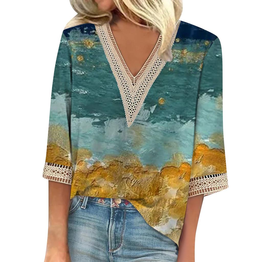 Women's Shirt Blouse Casual Loose Shirts 3/4 Sleeve Lace Trims Print V Neck Tops Print Tops T-shirts Tee