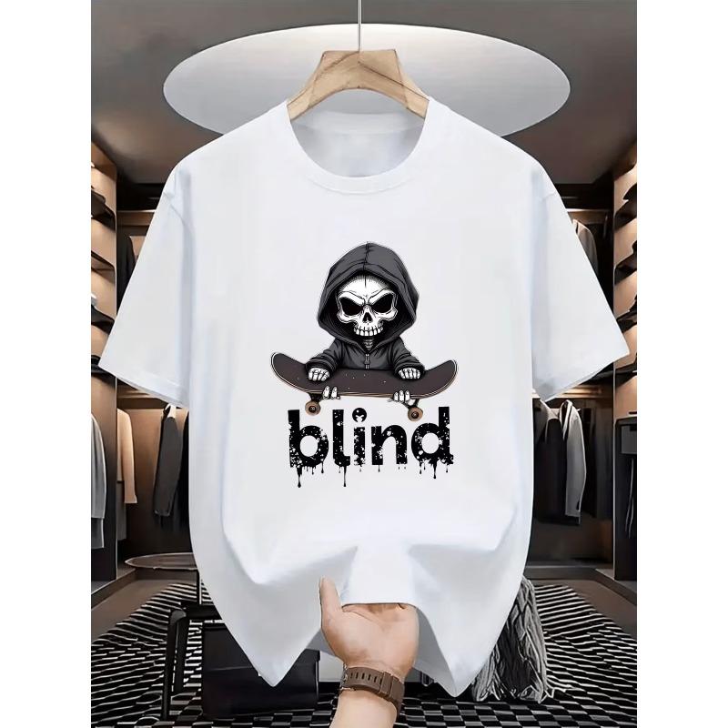 European Sizes Men's Skateboarding T-Shirt with Skull & Skateboarder Graphics - Streetwear Style Short Sleeve Round Neck Tee