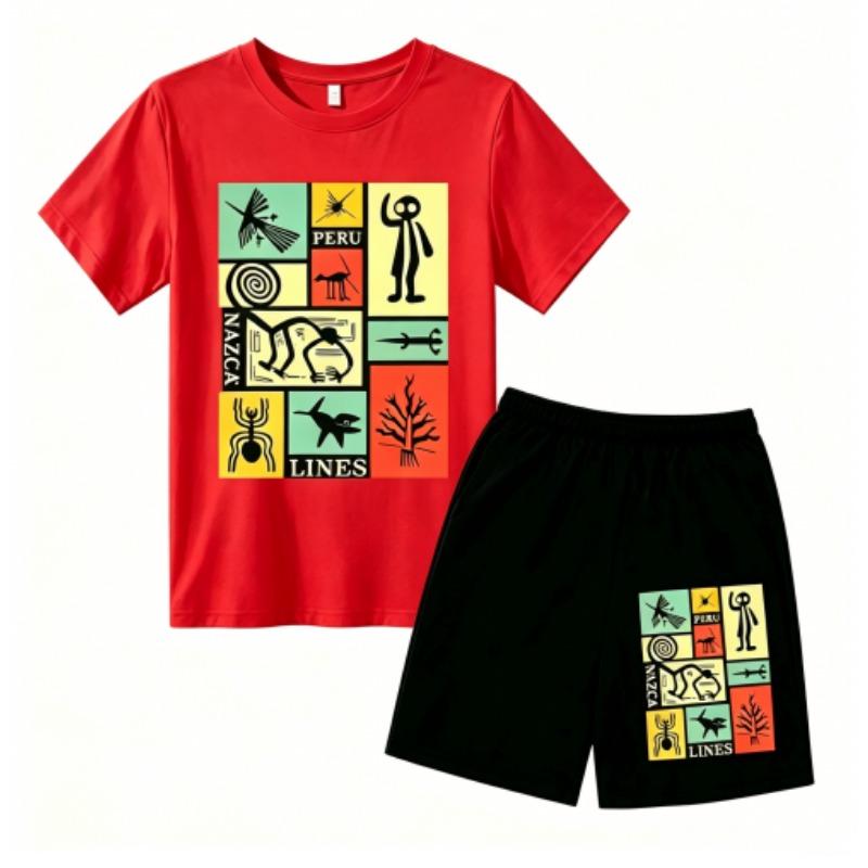 Fashion Retro Mysterious Runes Print Outdoor Street Kids T-shirt and Shorts Summer Home Casual Outfit Boy and Girl's Sports Set