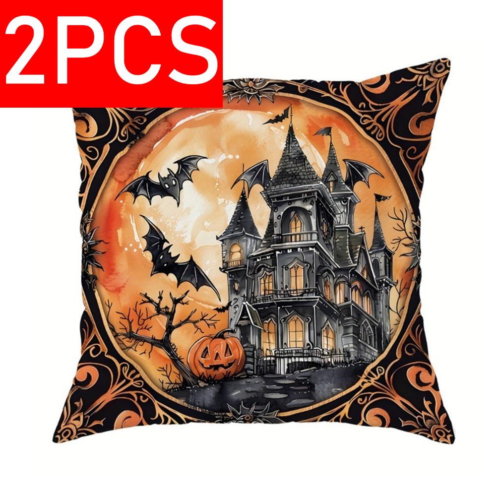 2PCS Halloween Best-Seller Pillow Cover - 45x45cm Polyester, Hand-Wash, Cat/Pumpkin Print