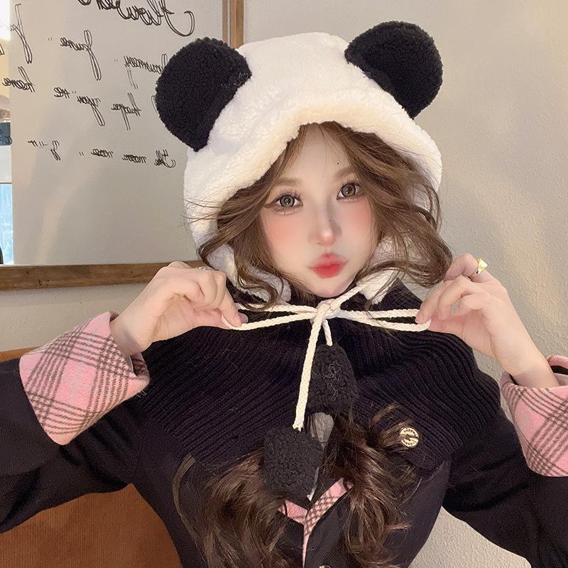 Women's Winter Warm Wool Hat Scarf Integrated Bear Ear Protection Knit Hat Women
