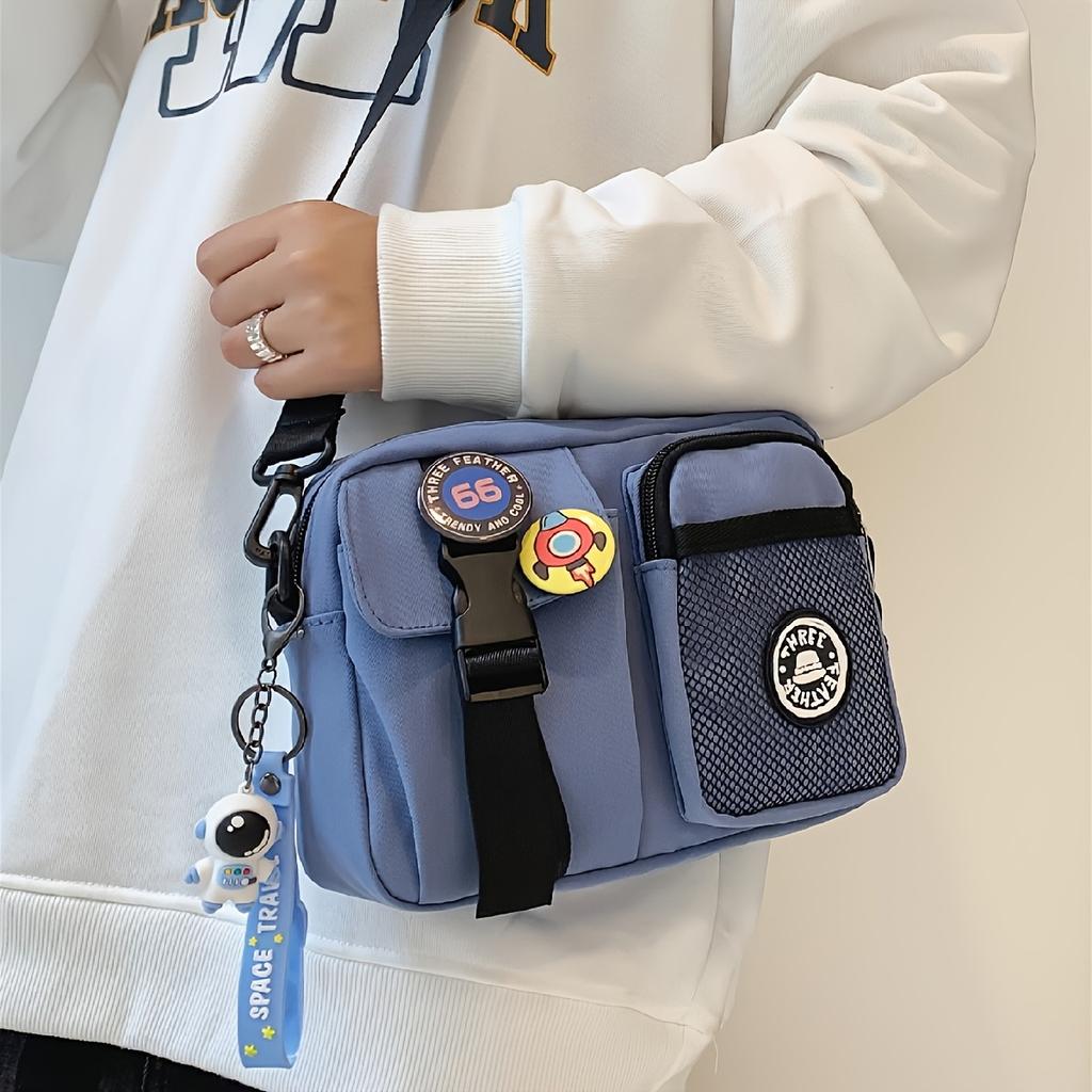 Unisex Couple'S Style, Badge-Decorated Release Buckle Square Multi-Pocket Bag with Strap, Suitable for Crossbody Or Shoulder Use