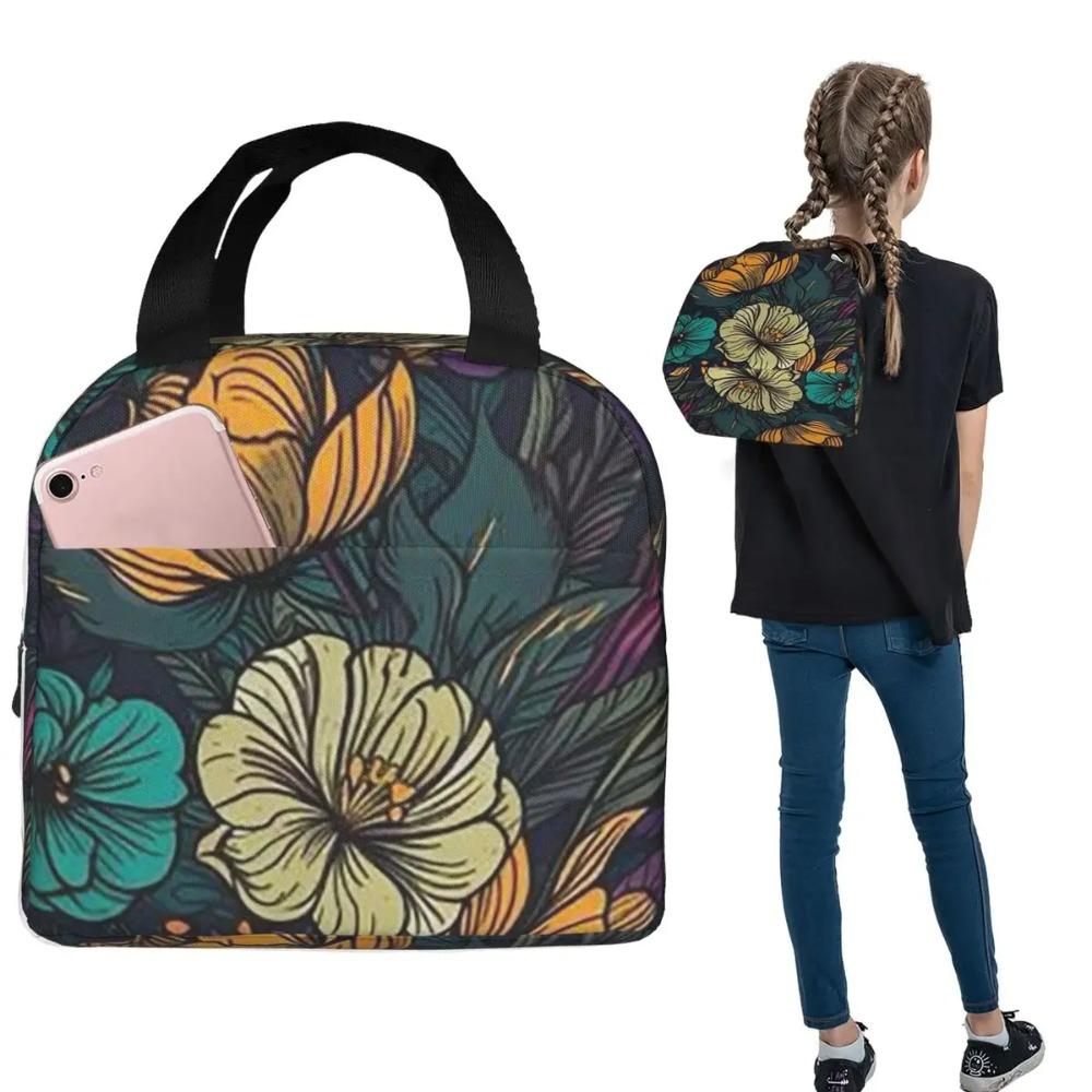 Purple Flower Vintage Pattern Insulated Lunch Bag for Women Kids Portable Food Boxes Thermal Lunch Box Tote