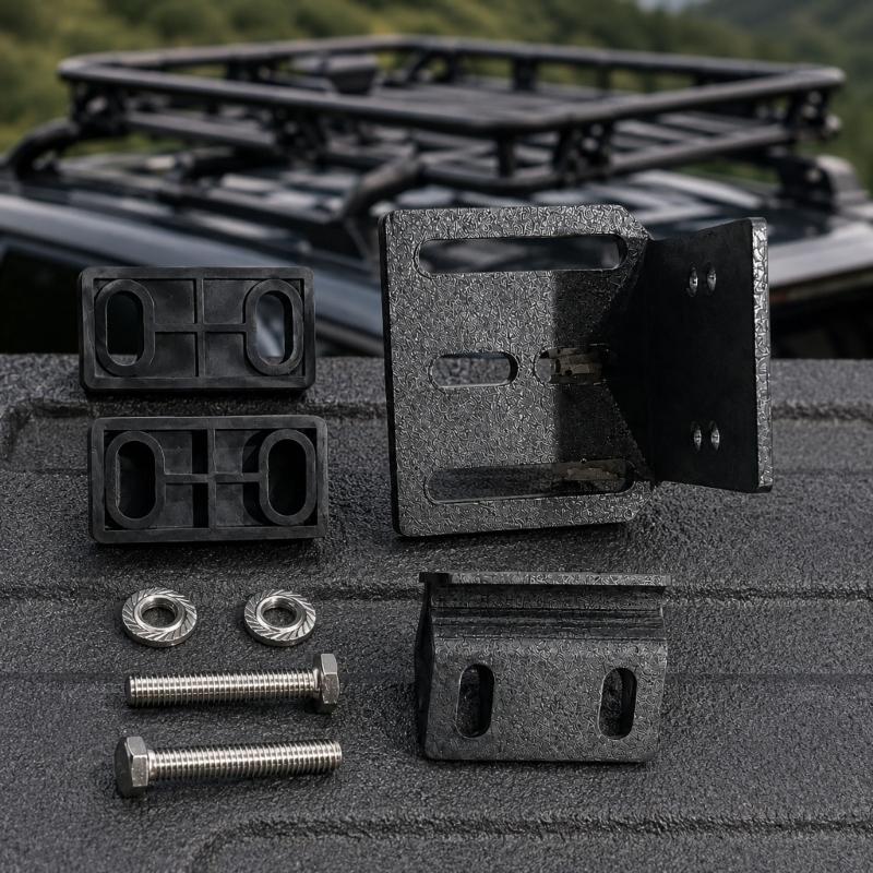 Roof Rack Mounting Fastener Set with Multiple Elongated Slots and Black Finish for Roof Rack Hardware Replacement and Installation Planning