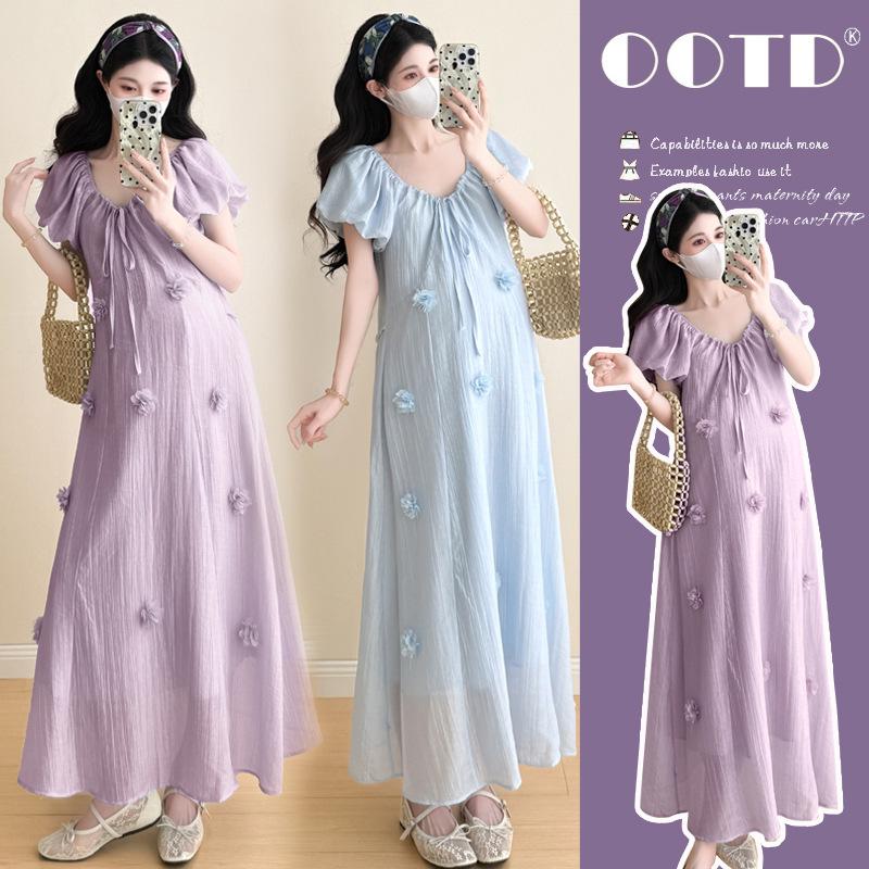 2026 Summer Korean Style Puff Sleeve Knee-Length Maternity Dress