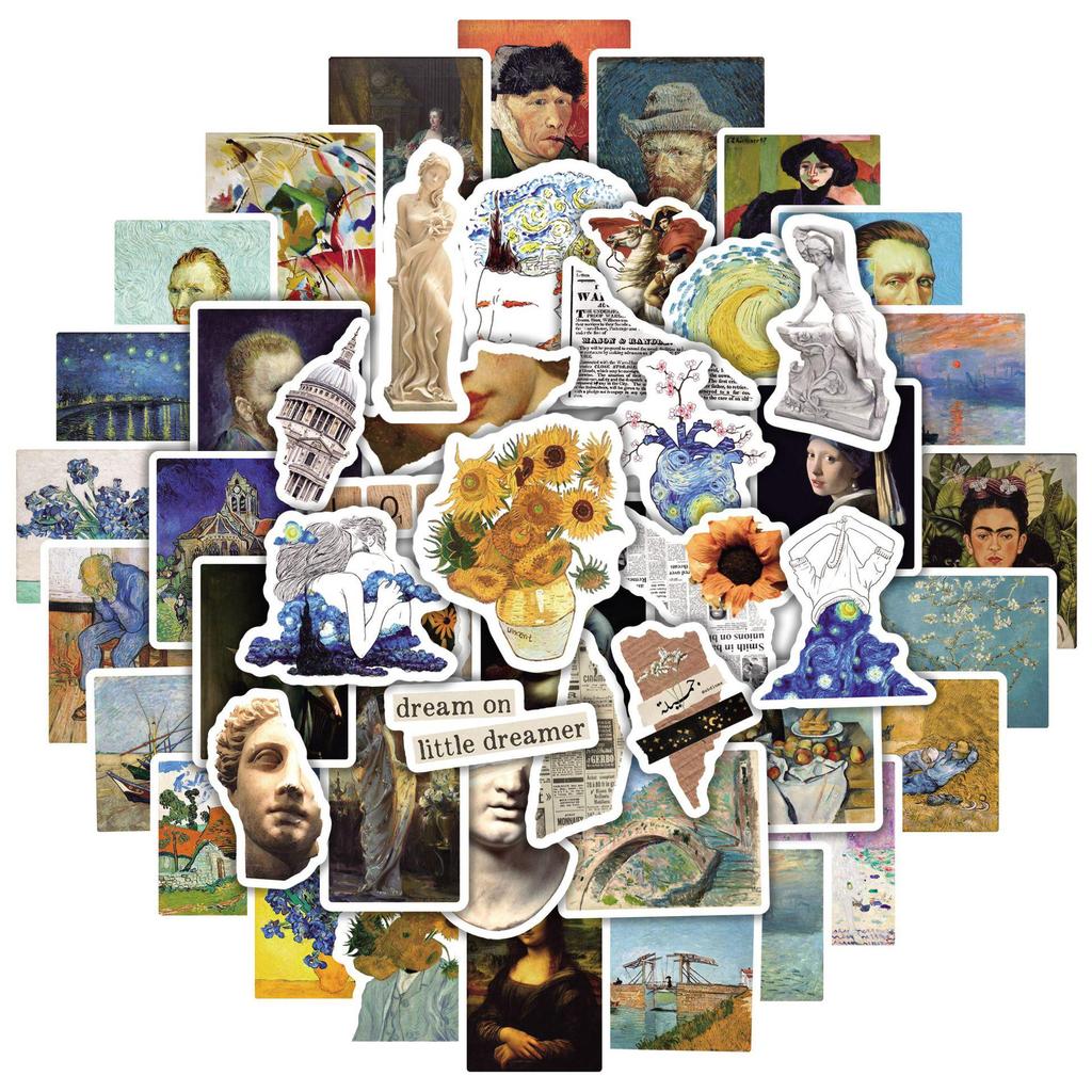 50 Van Gogh & Mona Lisa Retro Graffiti Stickers for Art, Suitcases, Laptops, and Feng Shui Decor