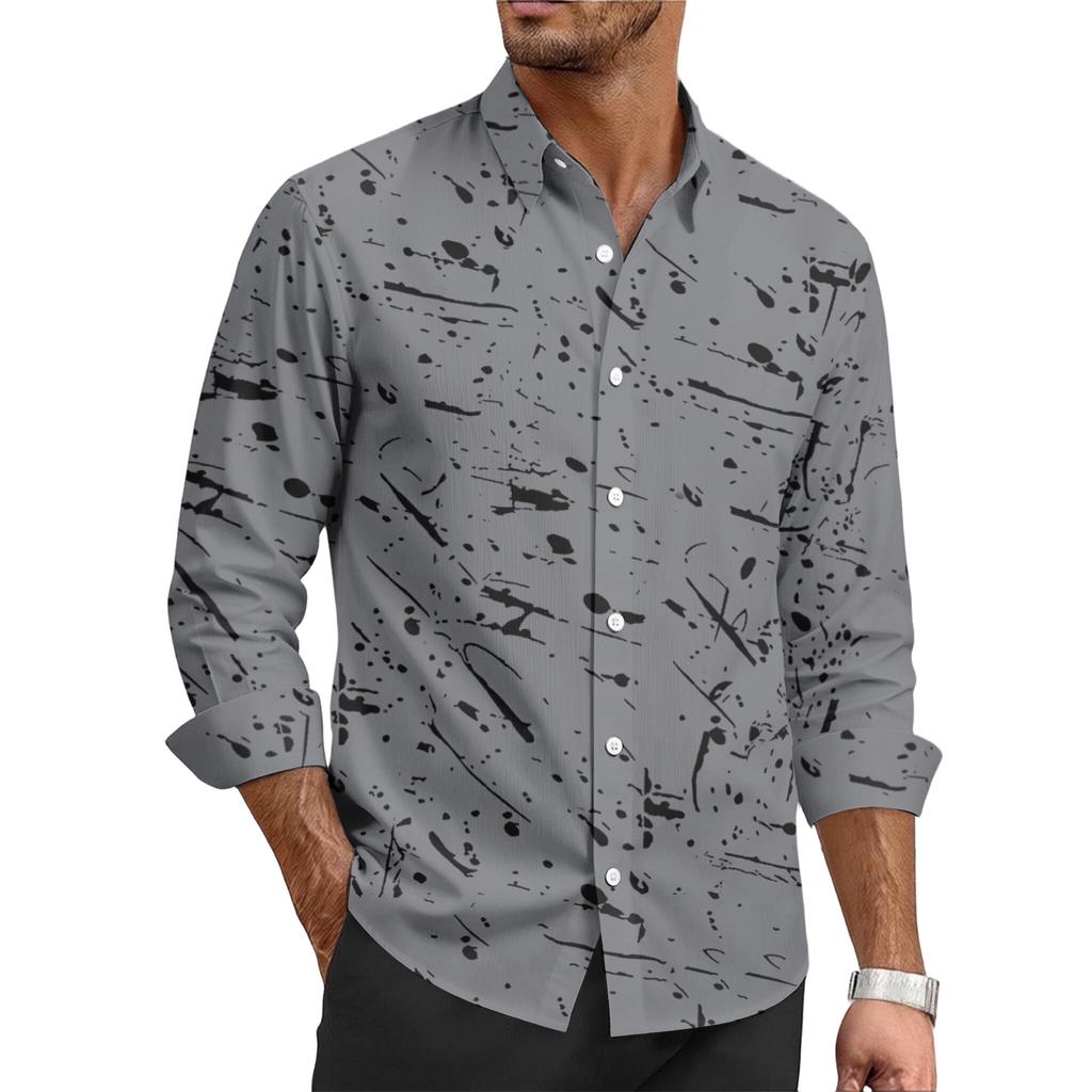 Men's casual stylish ink-blurry texture printed shirt - Men's lapel buttoned long-sleeved top