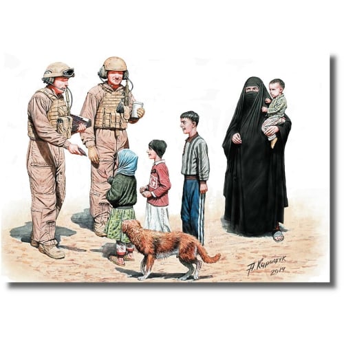 

Master Box 1/35 Scale US Armored Vehicle Soldiers (2 Figures) + Middle Eastern Woman & Child Plastic Model Kit MB35159