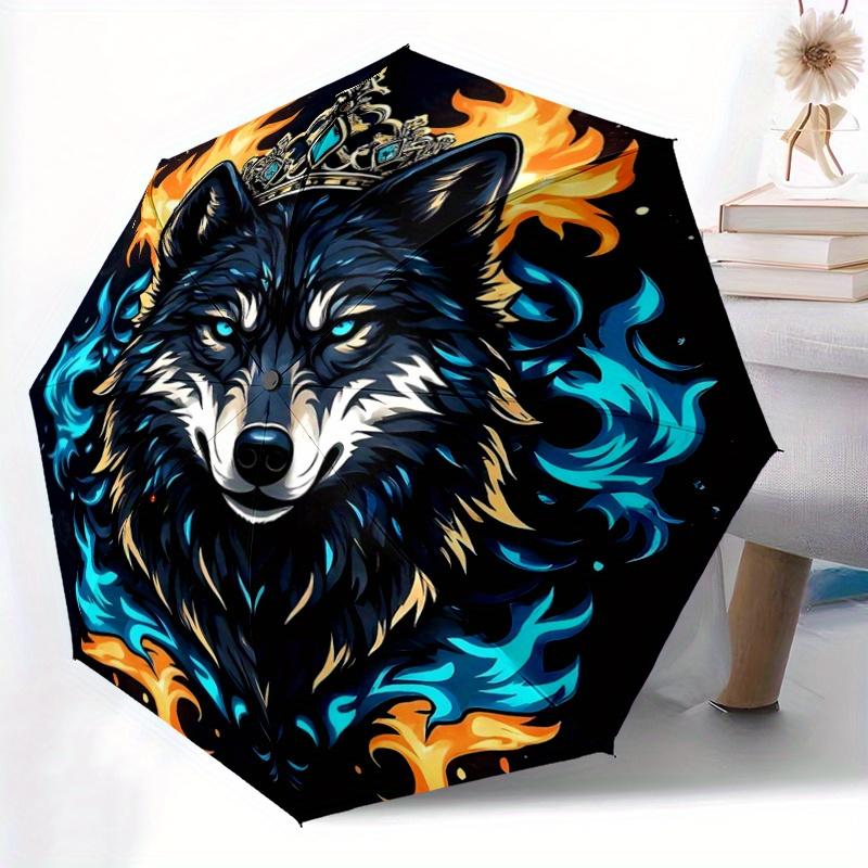 1pc Flame-Crowned Wolf Automatic Opening and Closing Folding - A Good Choice for Gifts, Fashionable and Convenient Umbrella With Cute Cartoon Cha