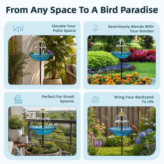 Solar Bird Bath Fountain for Outside Cascading Fountain Bird Bath with Metal Stake Stand