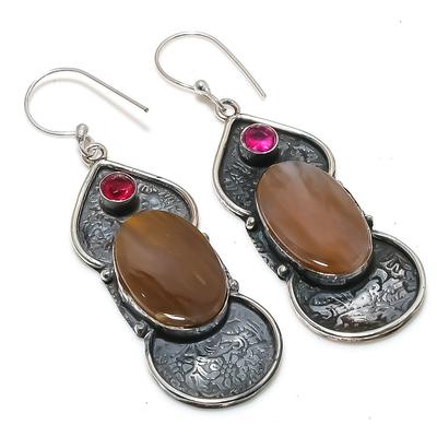 Natural Mookaite, Rubillite Gemstone 925 Sterling Silver Earring 2.56" O5o03