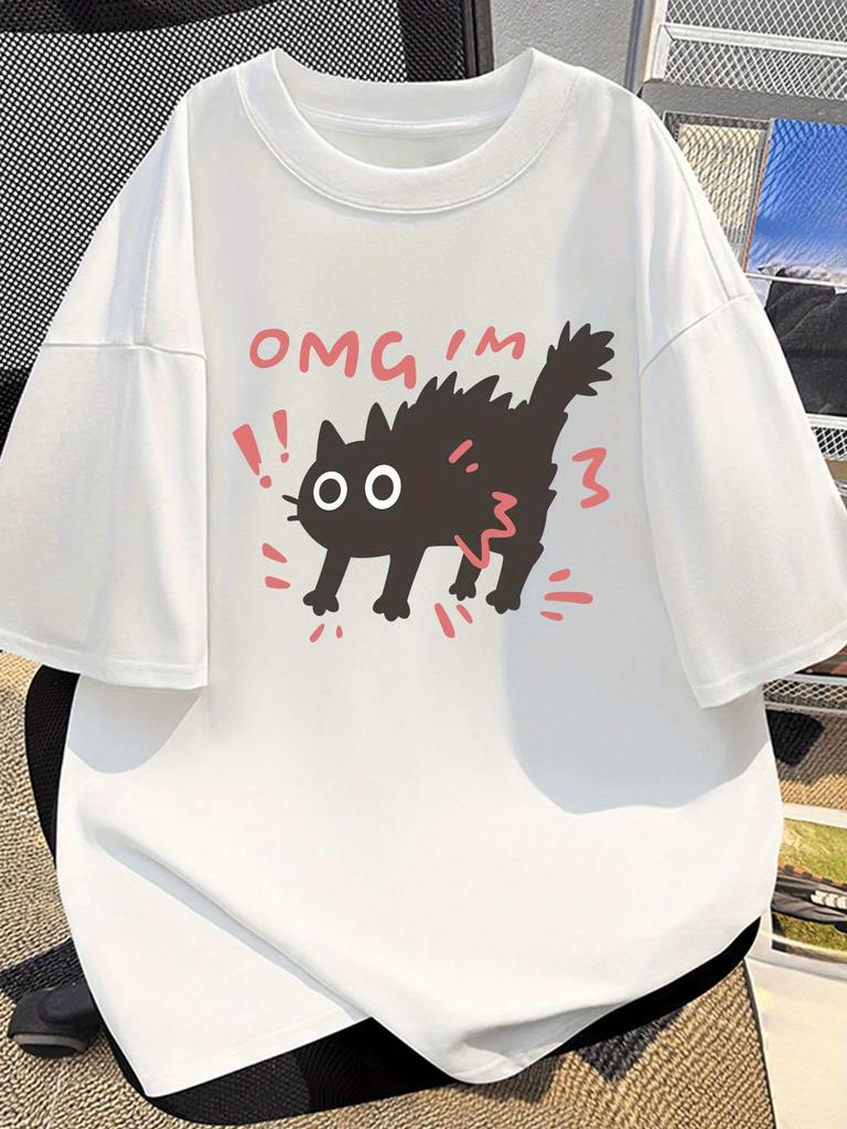 Women Cat Graphic T-Shirt Casual Crew Neck OMG Cat Print Regular Fit Summer Casual Wear Breathable Short Sleeve Tee Fashion Y2K