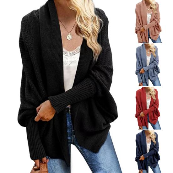 Women Cardigan Coat Collarless Batwing Long Sleeve Open Front Knitting Coat Elastic Cuffs Solid Color Loose Fit Knitted Cardigan