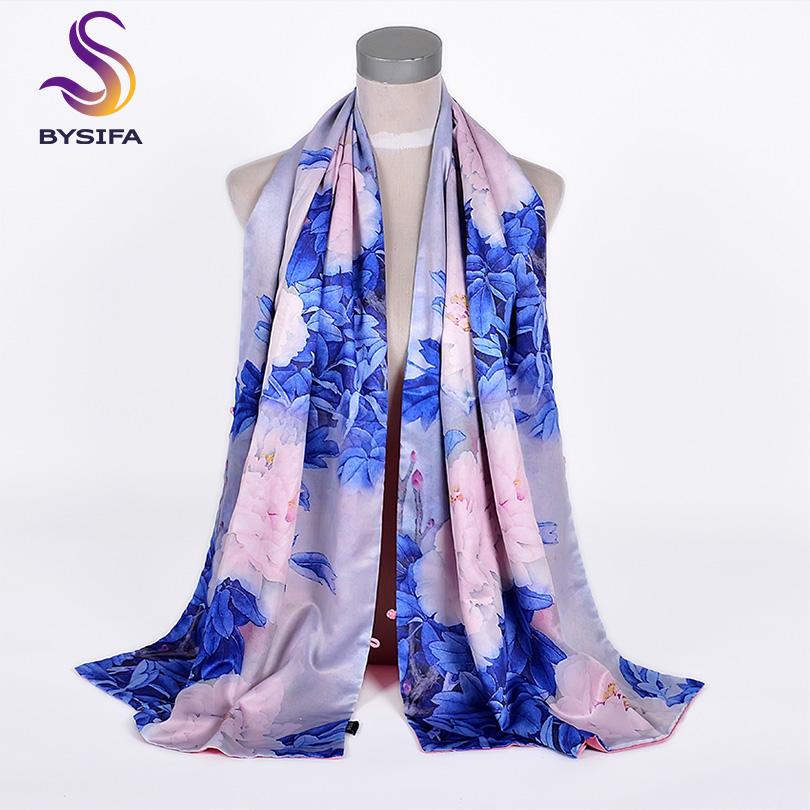 [BYSIFA] Fashion Silk Scarf Shawl Women  New Chinese Style Purple Rich Peony Scarves Spring Autumn Buttons Long Scarves