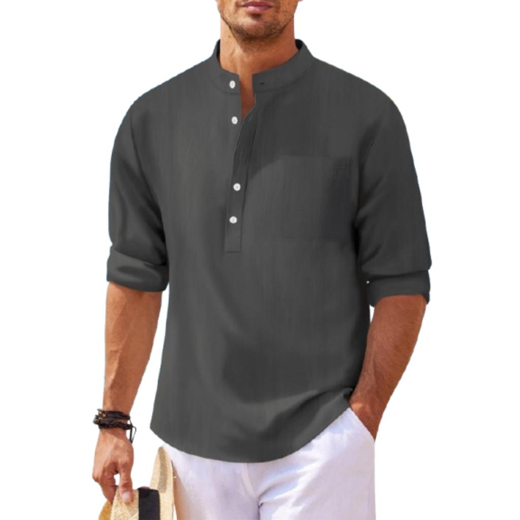 Men's Casual Cotton Linen Stand,up Collar Long,sleeved Shirt