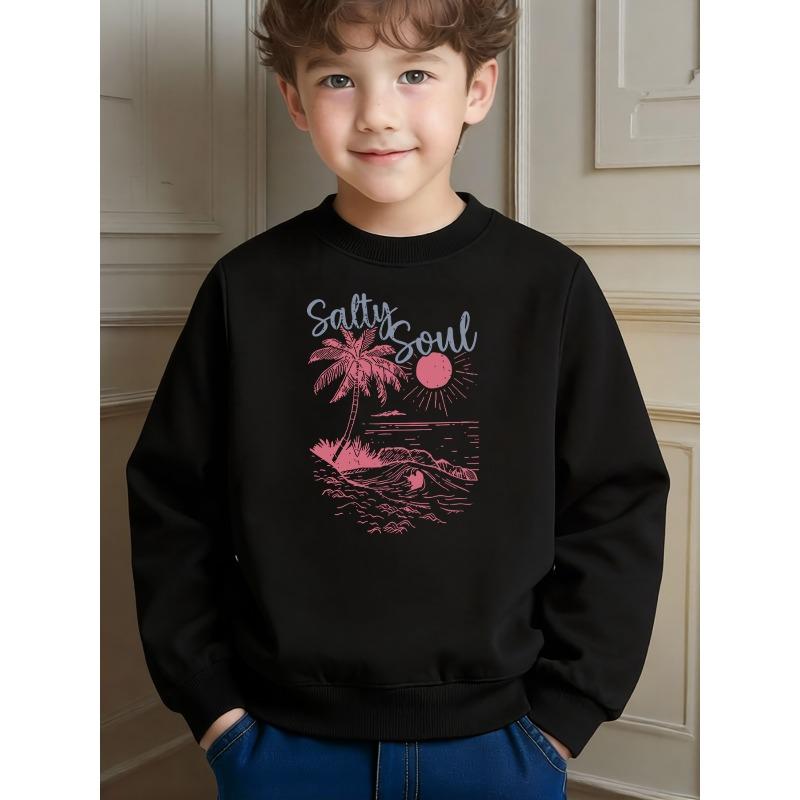 Casual Fashion Style Boys Salty Soul Coconut Tree Sun And Wave Printed Crew Neck Sweatshirt for Daily Wear And Casual Occasions