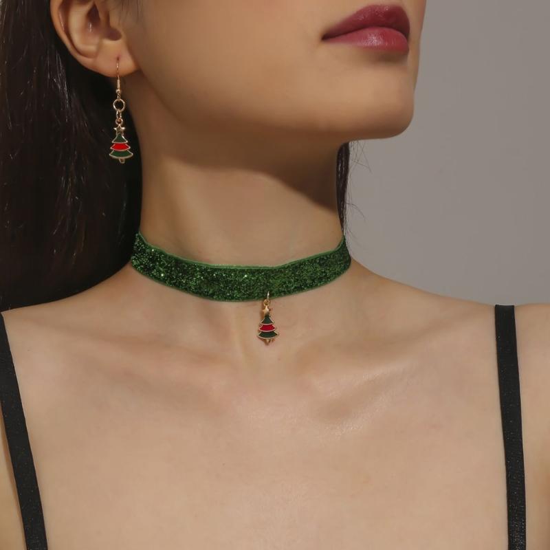 Christmas Jewelry Set for Women Fashion Christmas Tree Choker Necklace Earrings