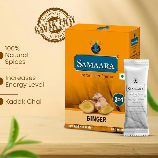 Samaara Instant Tea Premix Sachets | Ginger Adrak Flavoured Assam Black Tea Powder | 10 Sachets Box 150gm
