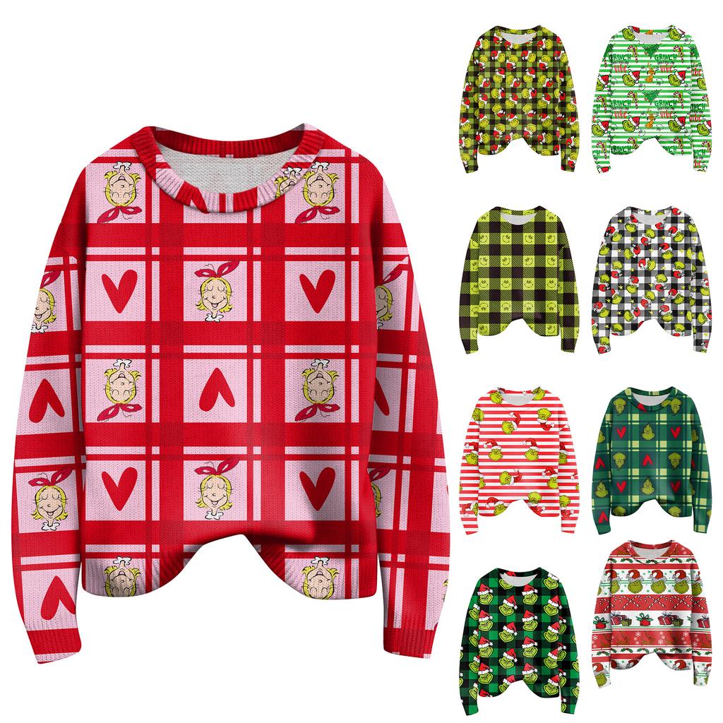 Long Sleeve Pullover Sweaters For Women O Neck Casual Cute Printing Knit Oversized Sweater