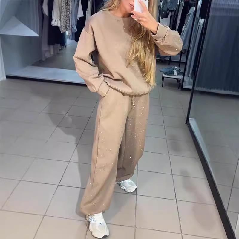 Autumn/Winter 2024 Women's Round Neck Rhinestone Hoodie & Sweatpants Set