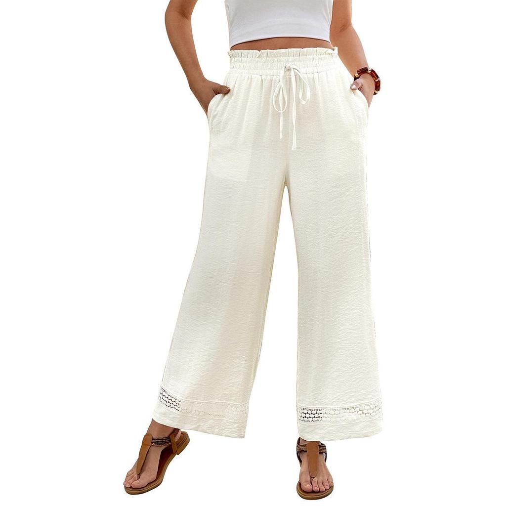 Baifen Zhi Yi: 2026 Resort Style Casual Lace Patchwork Wide-Leg Pants with Elastic Waist