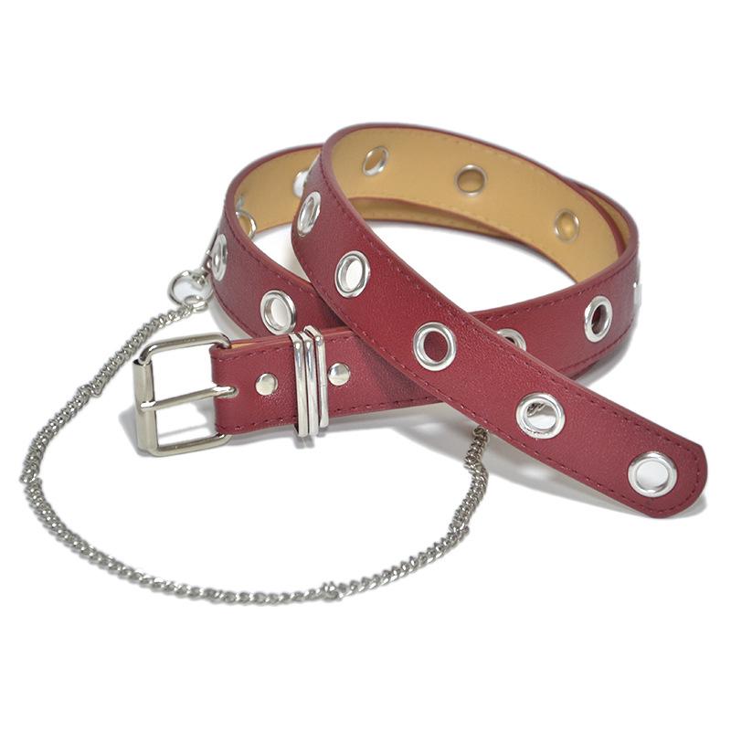 Women s belt - punk style perforated air eyelet iron chain decorative leather belt 105cm красный