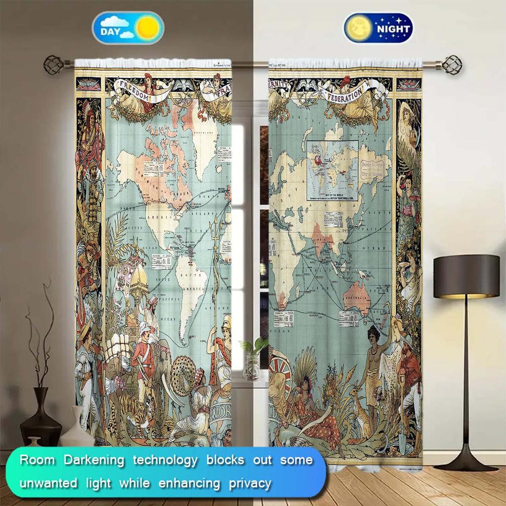 2pcs Commonwealth Illustration Art Map Pattern Curtain   Distinctive Printed Curtains   Suitable for Gifting To Family and Friends
