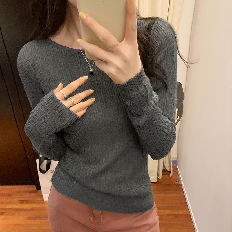 

Пуловер с круглым вырезом, текстурированная тонкая футболка с длинными рукавами для женщин на осень и зиму, новый стиль, бамбуковый лен, универсальный свитер в западном стиле L