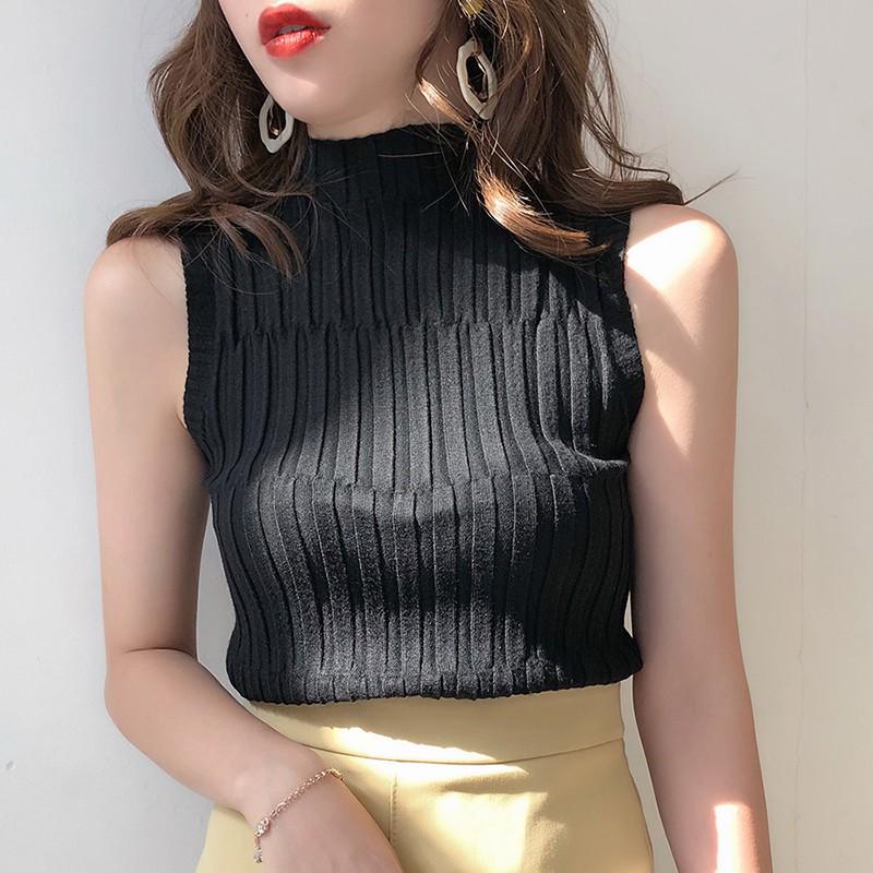Summer Women's Sexy Solid Color Sleeveless Turtleneck Fashion Slim Knitted Vests