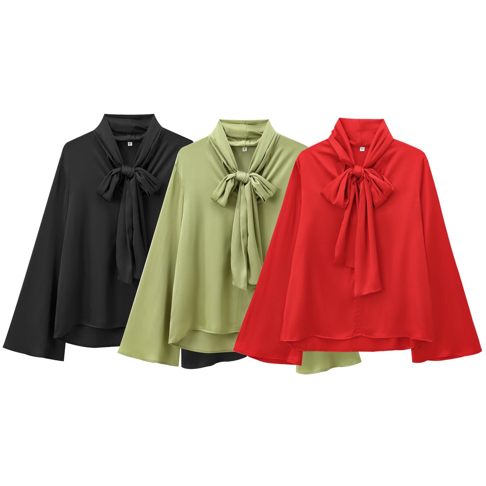 

2025 Autumn/Winter European & American Style Women s Long Sleeve Shirt with Bow Detail XS