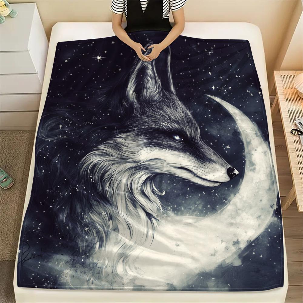 Fox and Moon pattern Flannel Blanket, High quality Comfortable for All Seasons, Home Decor, Warmth and Comfort, Perfect for Gifts.