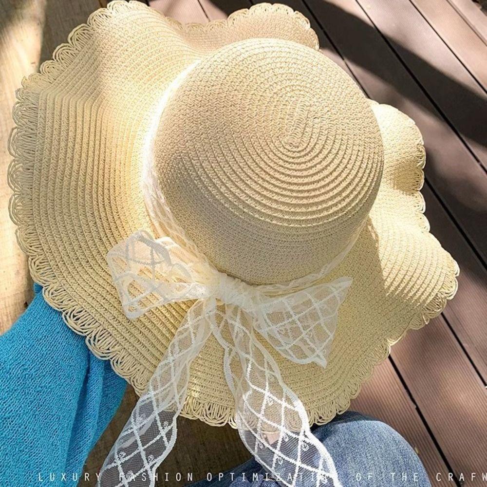 Big Brim Lace Straw Hat Spring Summer Women's Sun Hat Elegant Bow Ribbon Straw Hat  Lady