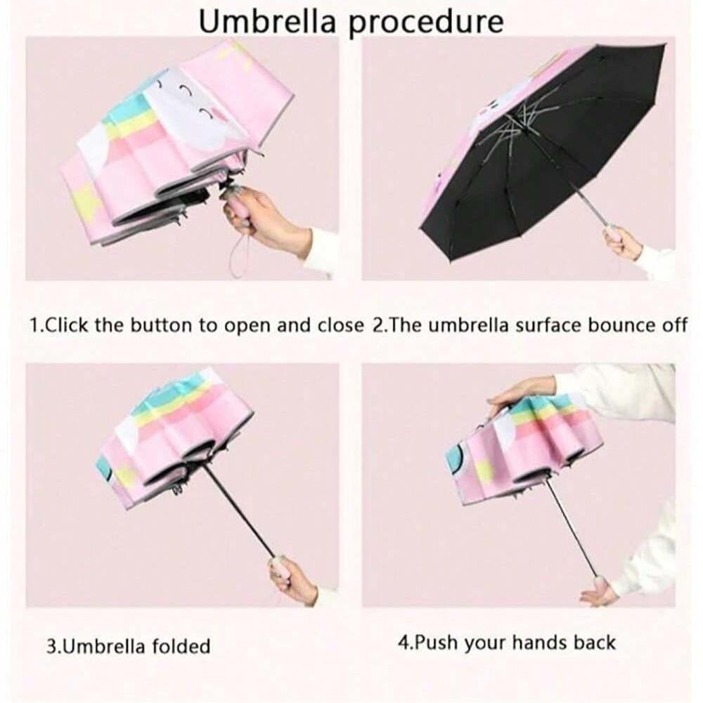 Unicorn Kids Umbrella Auto, Portable Folding Durable Built-in Sun Protection, Auto Open/Close Lightweight for Boys & Girls
