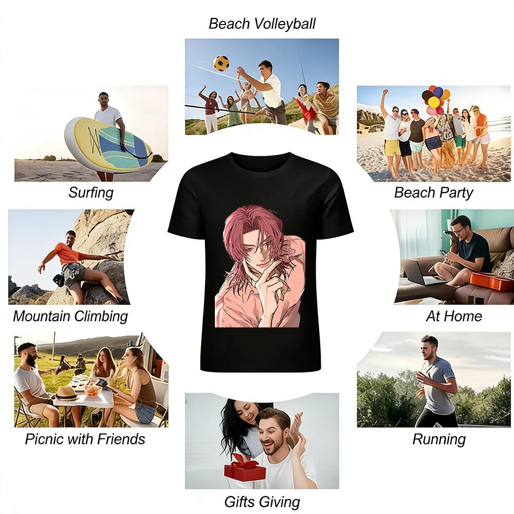 Anime Style Lazy Pink-haired Handsome Guy Print Long-sleeve Top Loose Casual Daily Wear T-shirt Pure cotton T-shirt