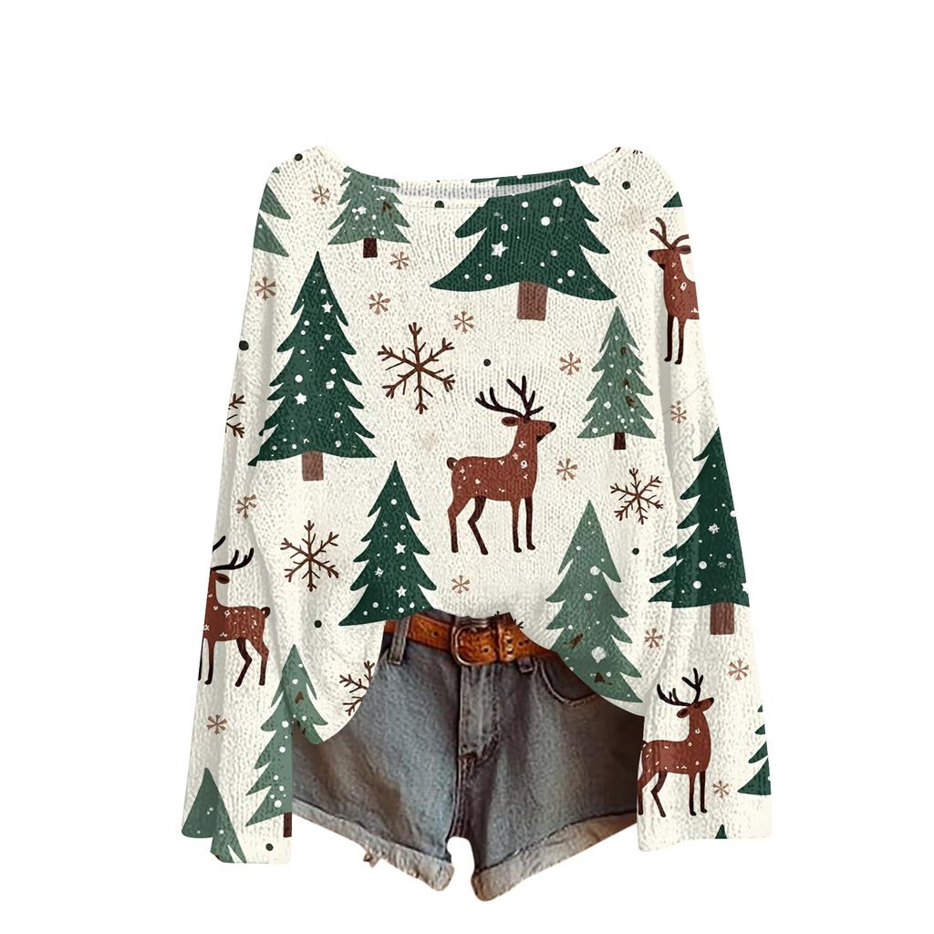 Women's Fashionable Oversized Knitwear Long-Sleeved Christmas Print Top