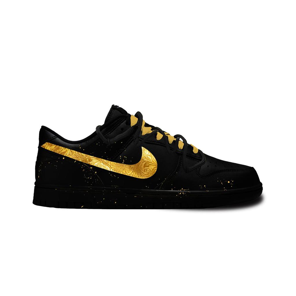 Nike Dunk Noir Or Motif Brillant Cuir Antidérapant Résistant à l'Abrasion Basse Top Chaussures de Skateboard Unisexe IO7606-010(team1490-)