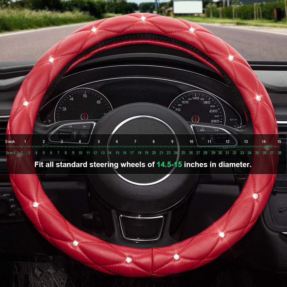 Xizopucy Red Steering Wheel Cover, Leather Car Steering Wheel Cover, Crystal Rhinestones Anti-Slip Soft Accessories For Women And Girl Universal Fit